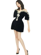 Summer Elegant black sexy strapless shoulder diamond shiny embellishments, fluffy mini party dress elegant fashion dress